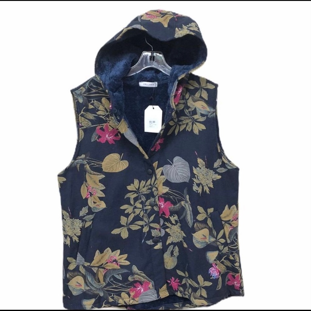 Navy Blue Floral Fleece Lined Hooded Vest 5X